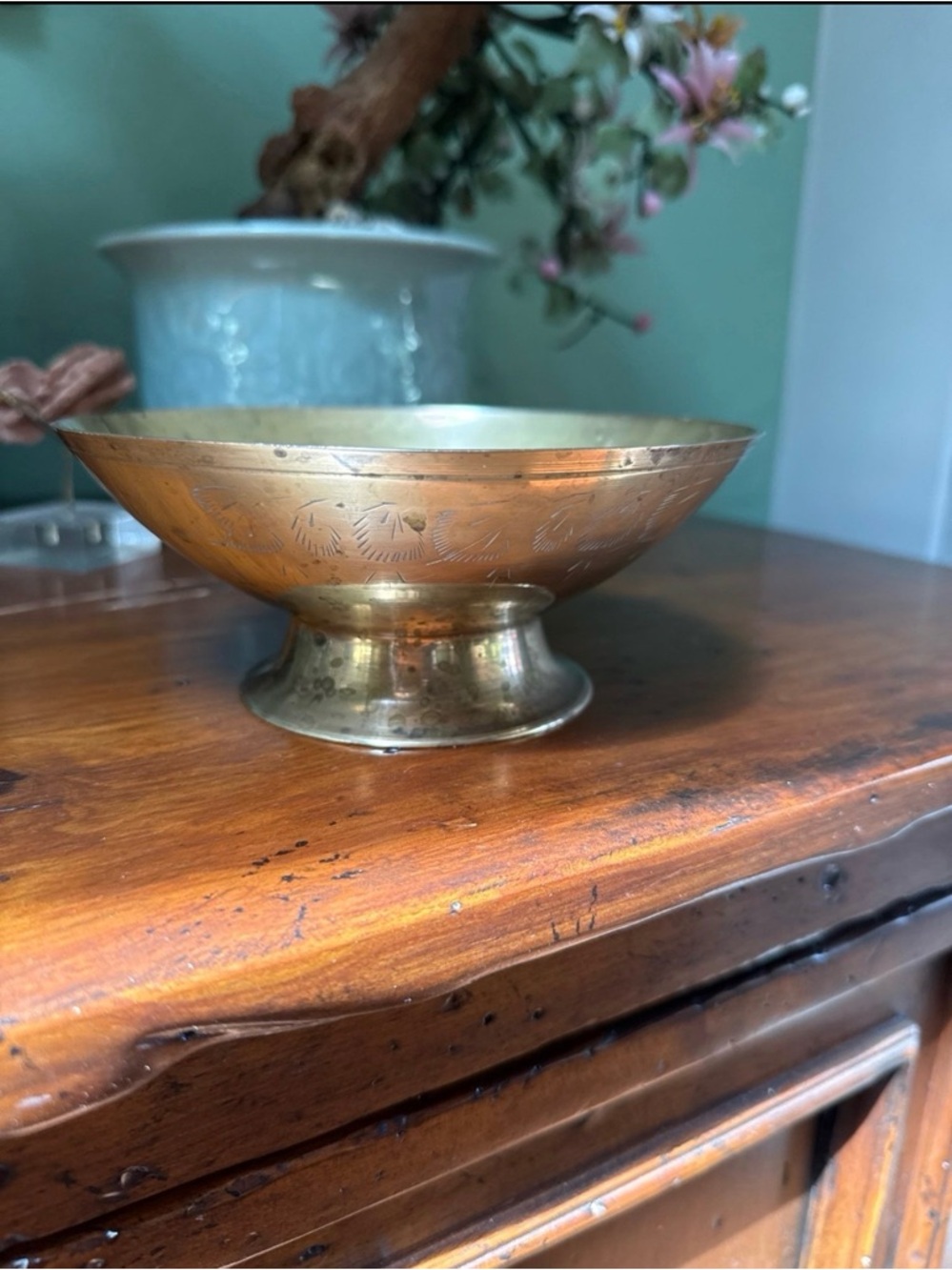 Vintage Etched Brass Pedestal Bowl - Warm Brass Tone